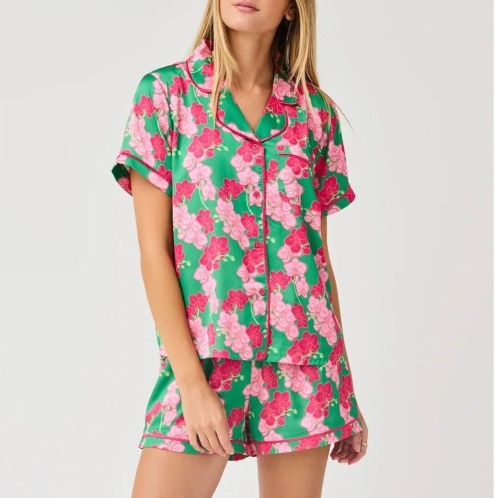 Mary Square XL Pajama Set Short Charlotte Satin Shorts Top Orchid Reverie Green